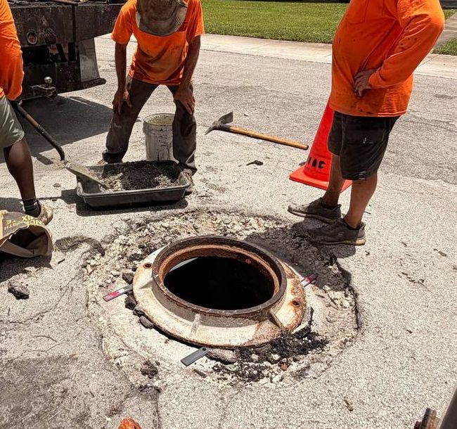 Cuadrilla reconstruyendo un tragante de drenaje en un estacionamiento comercial, asentando el marco en concreto fresco