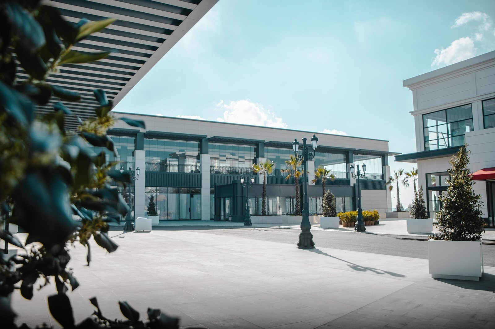 Upscale retail plaza with palm trees, planters and a paved drive